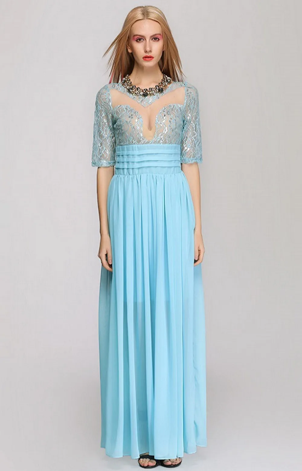 Maxi Dress Sexy Элегантная Дама Спинки Шифон Кружева Цветок 3/4 Рукава Вечерние платья| |