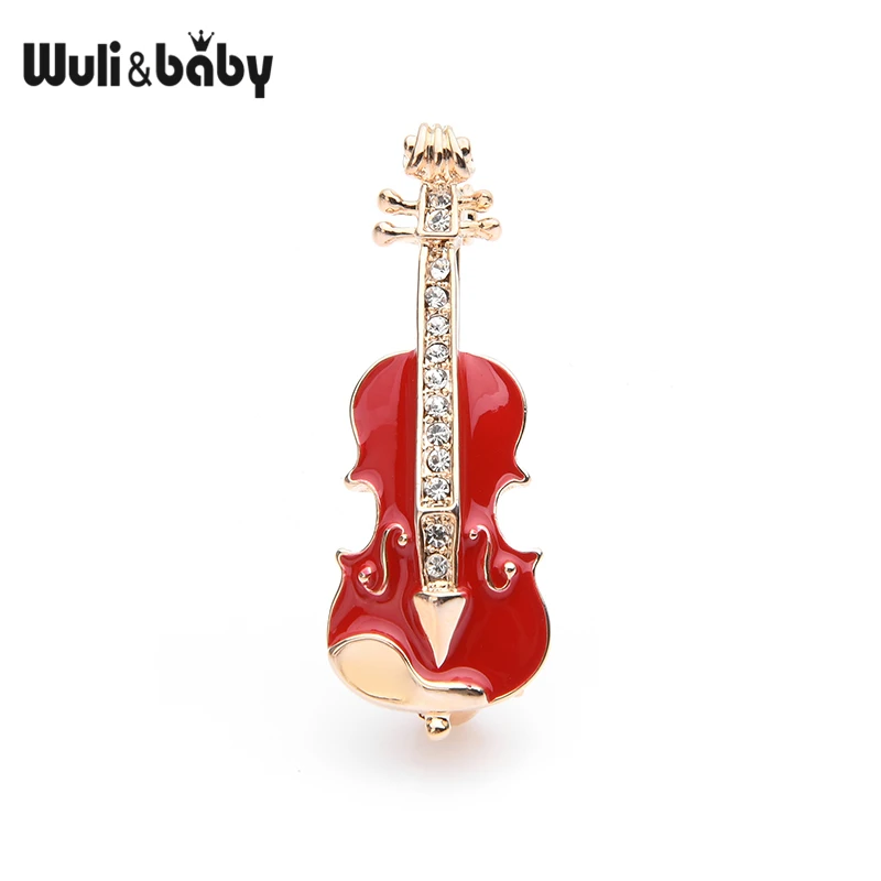 Wuli& baby, чешские Стразы, черная, Красная эмаль, скрипка, броши в виде гитары, для женщин, сплав, брошь на свадьбу, банкет, булавки, подарки - Окраска металла: red