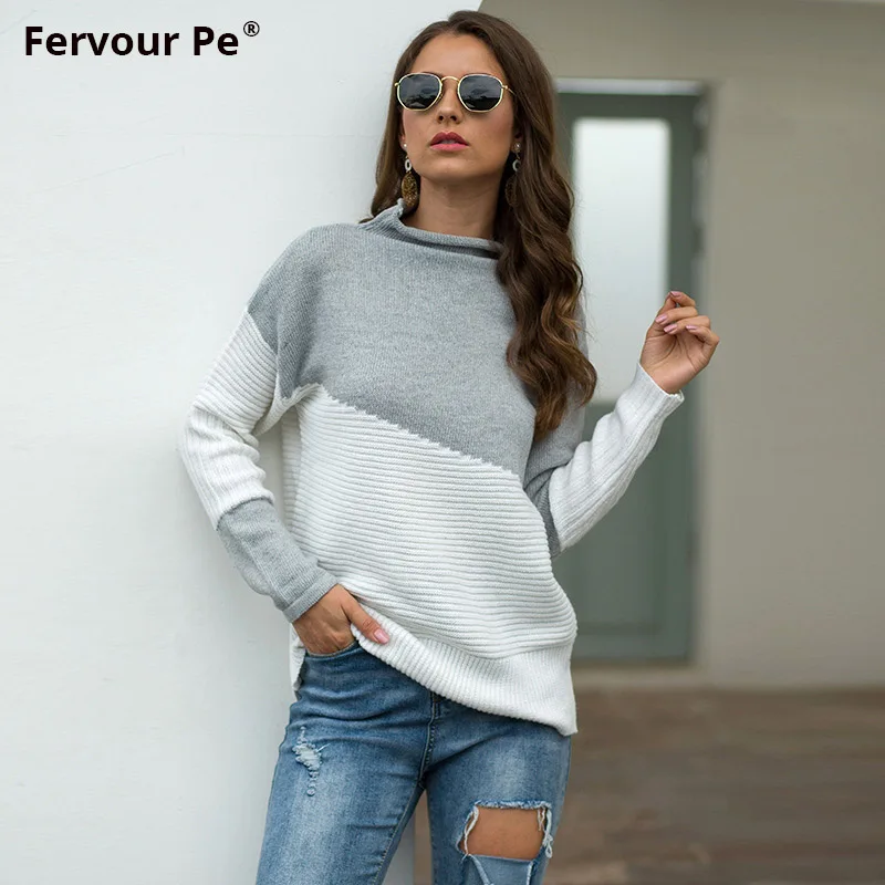 

2019 Autumn winter Irregular Sleeve Curled Half-High Neck Contrast Turtleneck Colour stitching Sweater MY19011