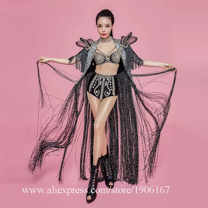 Bar nightclub night singer DJ sexy mysterious black long tassel stage costumes0