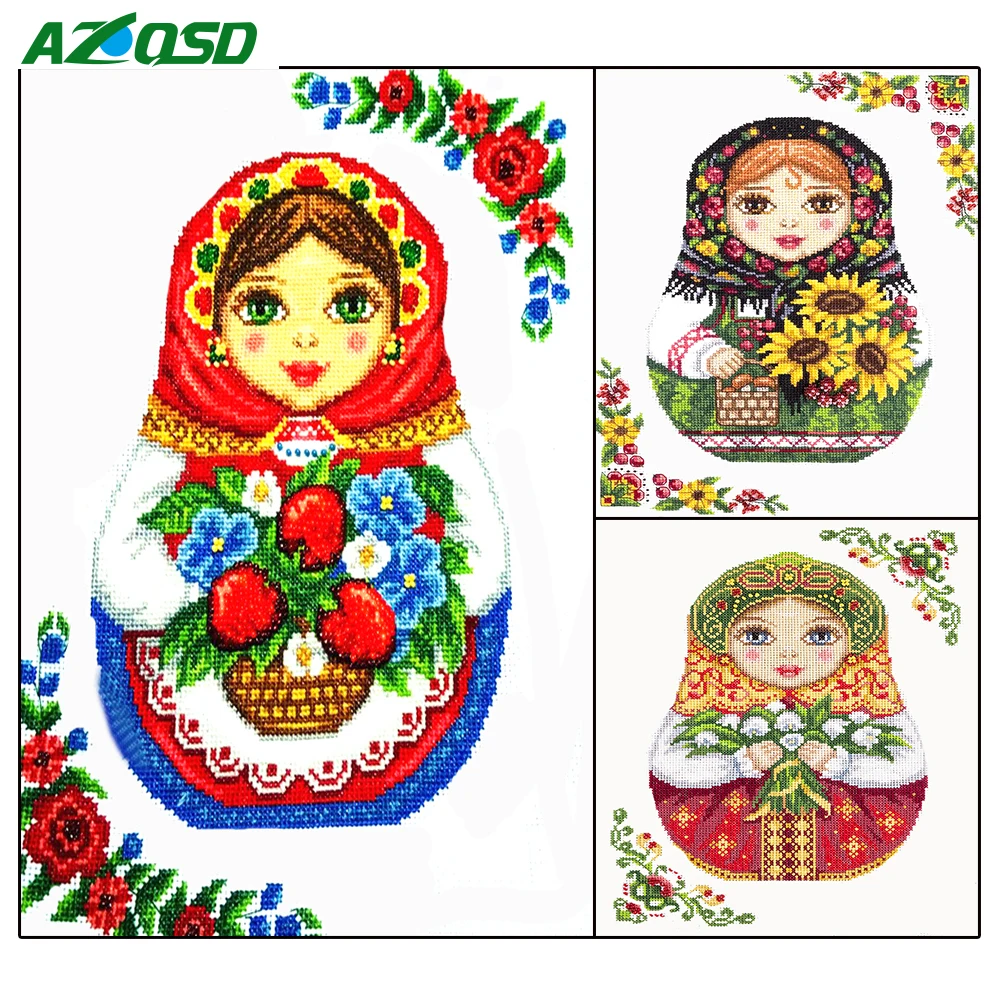 

AZQSD Diamond Painting Cross Stitch Russian matryoshka Rhinestones Diamond Embroidery Cartoon Doll Handmade Gift Full Square