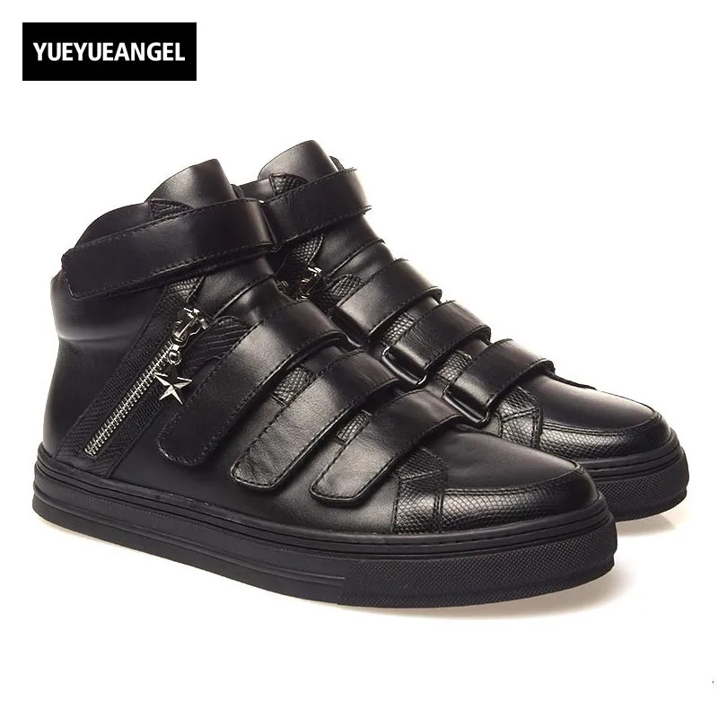 

2018 New Black Genuine Leather Rock Mens Shoes Casual Hook Loop High Top Flats Footwear Students Big Boys Sneakers Male Shoes