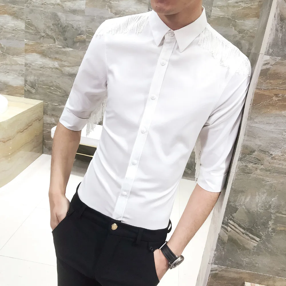 Индивидуальная рубашка с кисточками Мужская мода корейский 2019 Slim Fit Половина