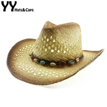 Натуральная солома ковбойская шляпа для женщин и мужчин ручной работы переплетение джаз шляпа ковбой шляпы Лето Западный Sombrero Hombre с Красочный пояс YY18102