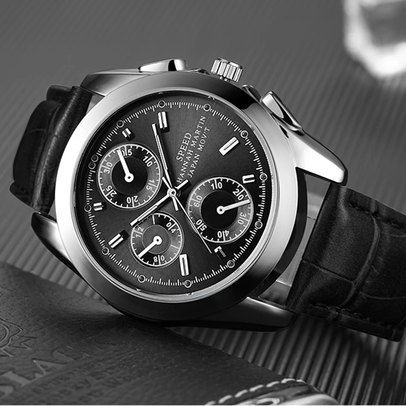 

HM Fashion Top Brand Sport Men Watch 3 Eyes Quartz Analog Black Wristwatch Luxury Dress Causal Waterproof Gift for Man Relojes