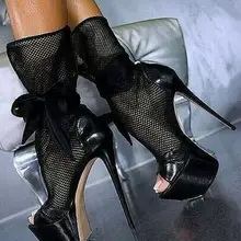 Пикантные Черные ботильоны из сетчатого материала с кружевом женская обувь на высокой платформе и шпильке с открытым носком ботинки-гладиаторы на высоком каблуке, с бантом, на шнуровке