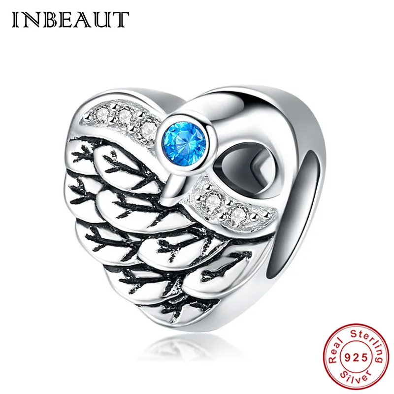 

INBEAUT 100% Real 925 Sterling Silver Feather Leaf Carved Blue Zircon Heart Shape Pendant Beads fit Trendy Charm Bracelet Girls