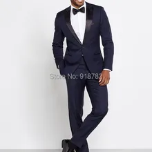 Мужской темно-синий костюм Slim Fit One Button Свадебный костюм жениха со штанами смокинги для мужчин на заказ(куртка+ брюки+ Бант