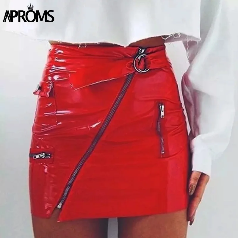 Aproms, красная женская юбка из искусственной кожи на молнии, летняя уличная мини-юбка с высокой талией, сексуальная короткая юбка-карандаш с поясом и карманами