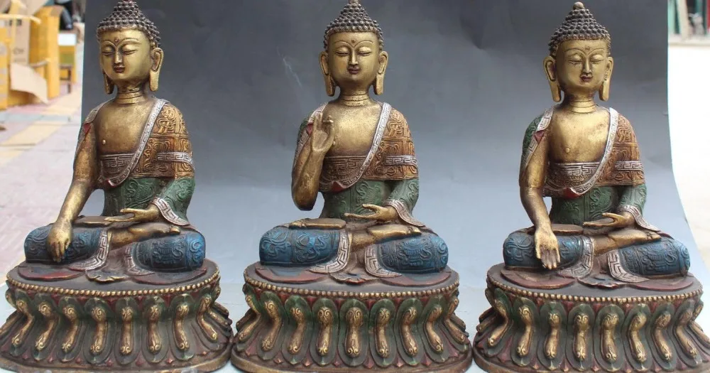 

fafa8800157<<11" Tibet Bronze Silver Gilt Painting Shakyamuni Sakyamuni Buddha Statue Set