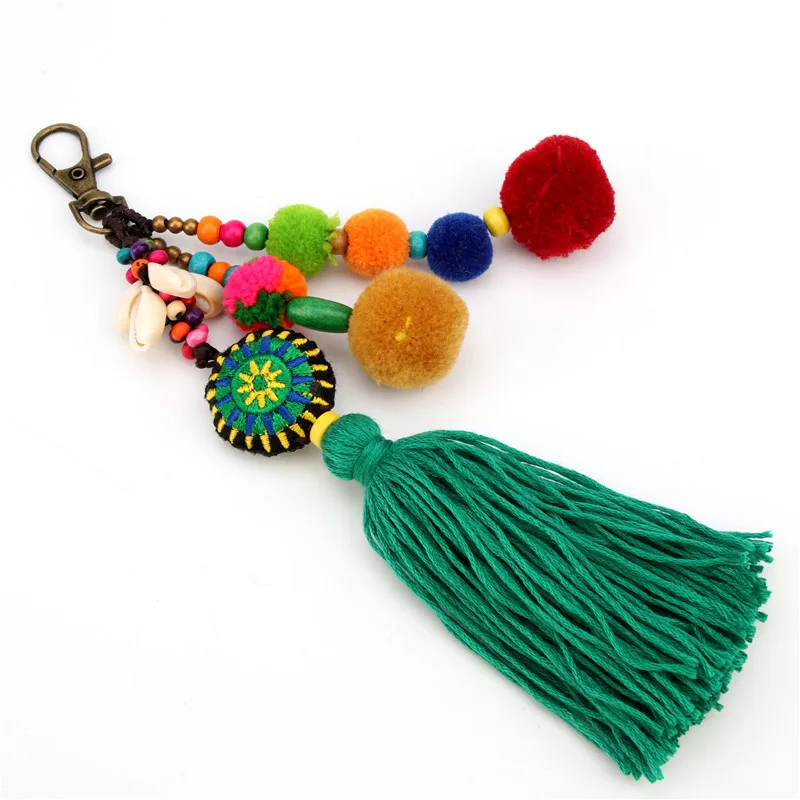 Bohemian Style Wood Beads Key chain Pompon Keychain Pompom Holder Bag Car Hanging Tassel Pendant Keychains Woman Jewelry 41