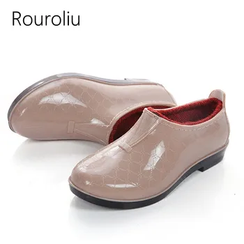 

Rouroliu Women Fashion Ankle Work Rain Shoes Waterproof Water Shoes Wellies Non-Slip Plush Warm Rainboots Woman RT306