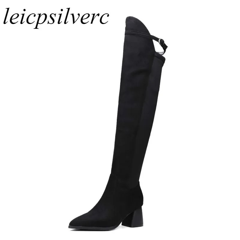

Women Boots Winter Autumn Warm Plush Shoes Over The Knee High Heels Motorcycle Boots Pointed Toe Slip on 2019 Sexy New Black Red