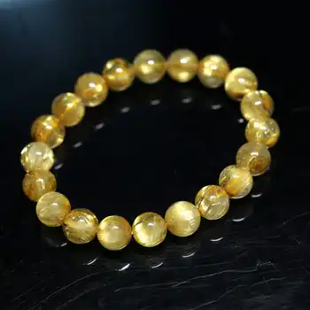Natural Genuine Arrange Titanium Gold Hair Rutile Quartz Cat\'s Eye Stretch Bracelet Round Beads 10mm