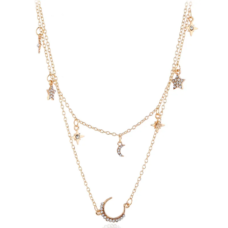 

2019 Summer Star Moon Rhinestone Pendant Two Layers Cascading Necklace For Women Fashion Jewelry Gift Statement Neckalce