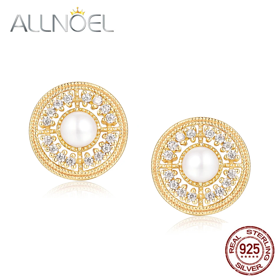 

ALLNOEL Real Pearl Gemstone Stud Earrings Solid 925 Sterling Silver Women Round White Pearl Zircon Earings Valentine's Day Gift