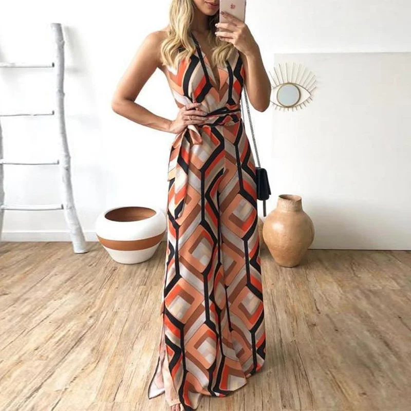 

Colorful Geo Print Slit Wide Leg Jumpsuit Women Sexy Deep V-neck Backless Jumpsuits Female Casual Halter One Piece Overalls