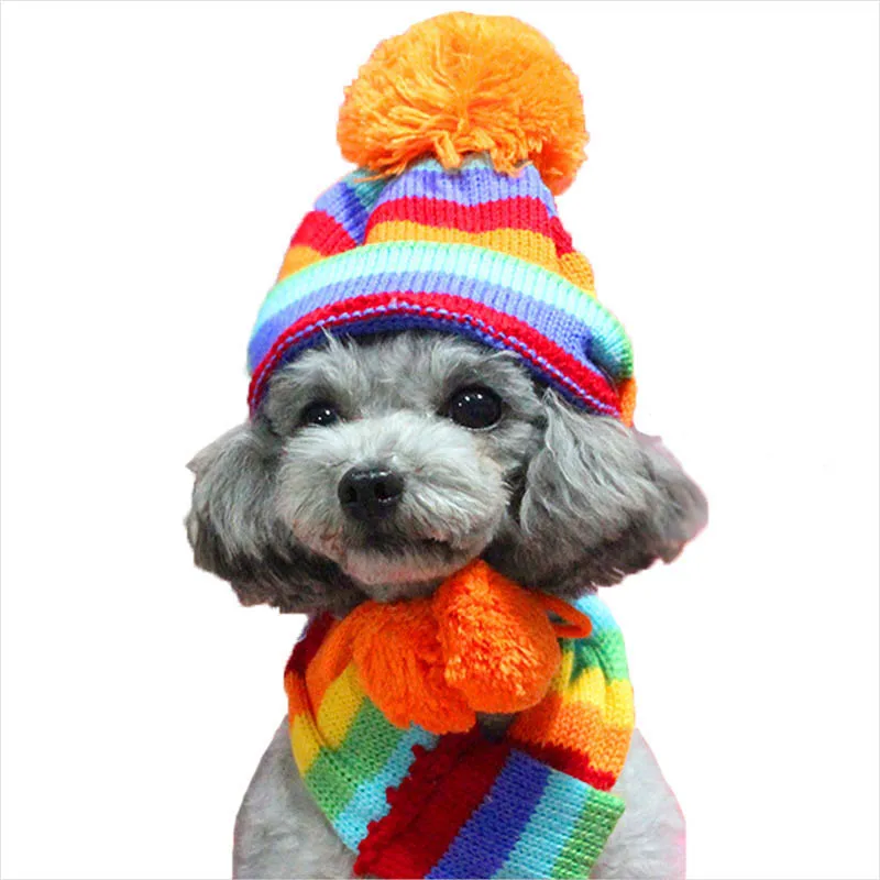 Sqinans 3pcs/set Winter Warm Dog Hat Knitted Scarf Socks Fashion Striped Pet Caps Puppy Neck Scarf Socks Christmas Pet Grooming