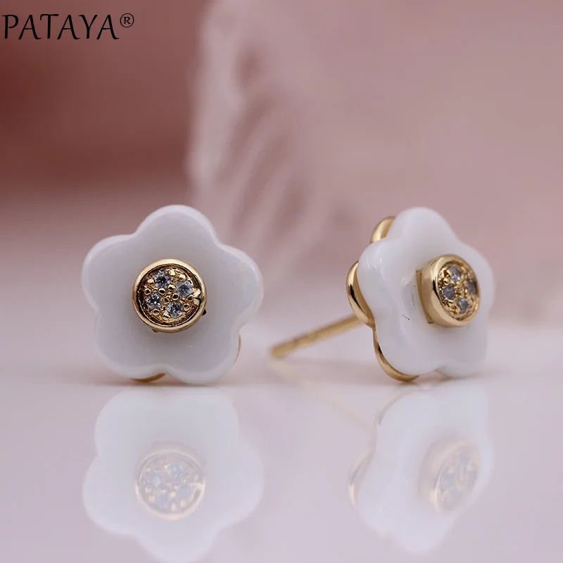 

PATAYA New White Flower Ceramic Stud Earrings Women Cute Party Fashion Jewelry 585 Rose Gold Round Natural Zircon Small Earrings