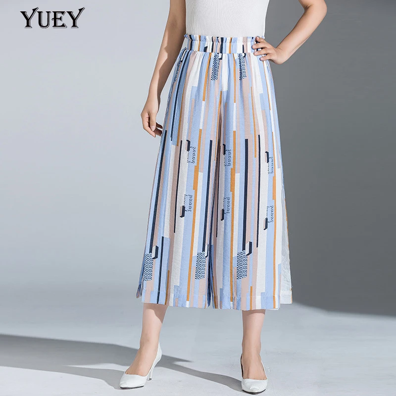 

2019 Summer New Cropped Pants Women High Waist Striped Baggy Plus Size Chiffon Pants Female Elastic Band Wide Leg Pants S to 5XL