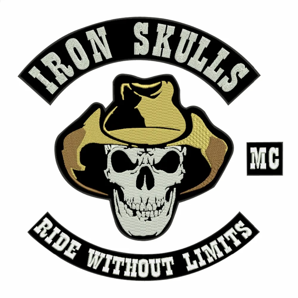 IRON SKULLS Motorcycle Vest Biker Embroidered Iron On Back of Jacket Patch Black twill fabric Free Shipping DIY Eco-Friendly1 (2)