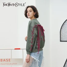 TWOTWINSTYLE Женская куртка на шнуровке со стоячим воротником, пальто с длинным рукавом, женские топы, осенняя мода, Harajuku, Корейская одежда
