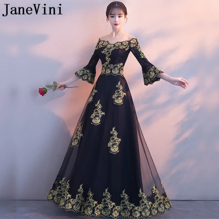 JaneVini арабские черные длинные платья для крестной Матери платья для матери невесты с золотистые кружевные аппликации вечернее Формальное платье для женщин