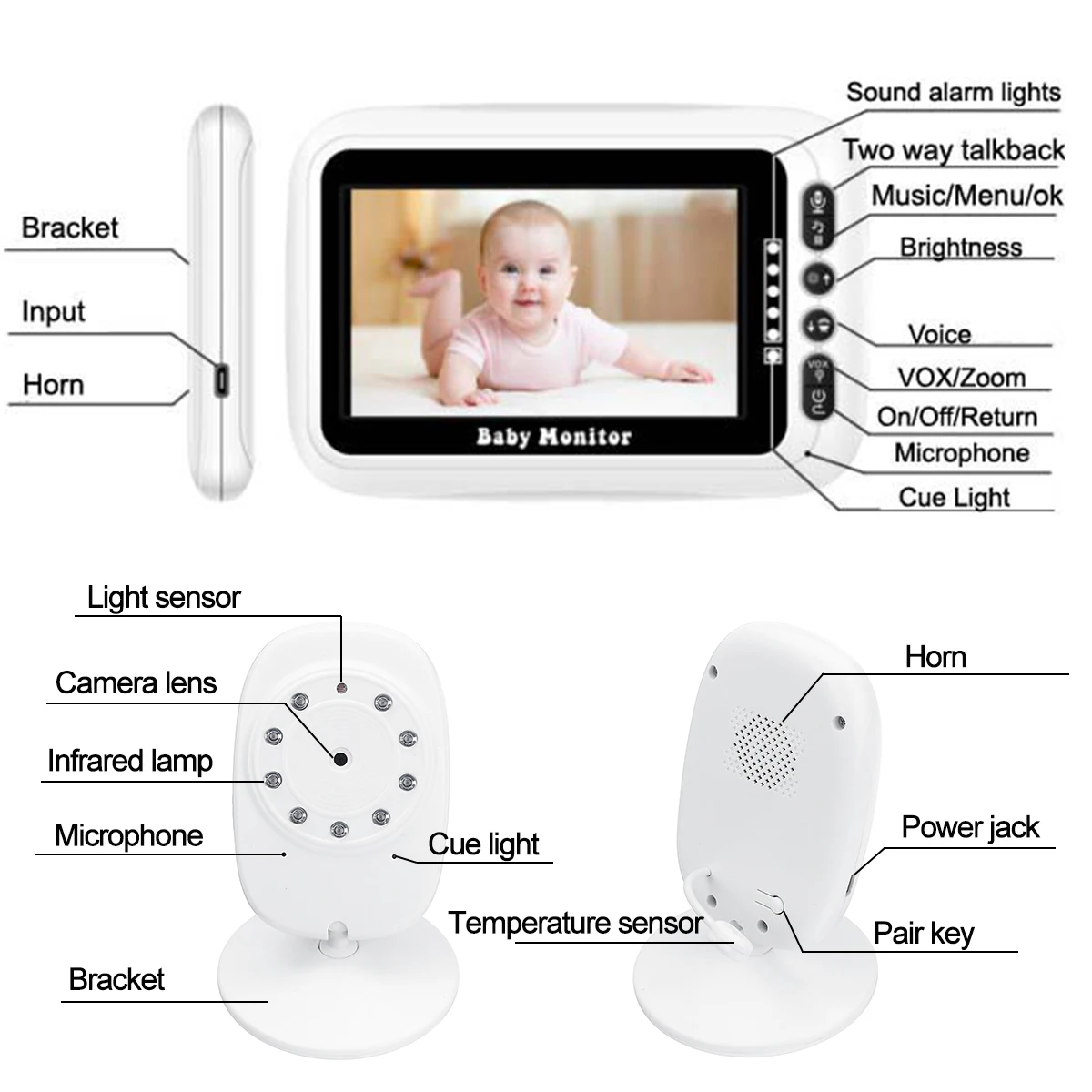  Two-way intercom Wireless Video Color Baby Monitor 4.3 inch Night Vision Temperature Monitoring Bab