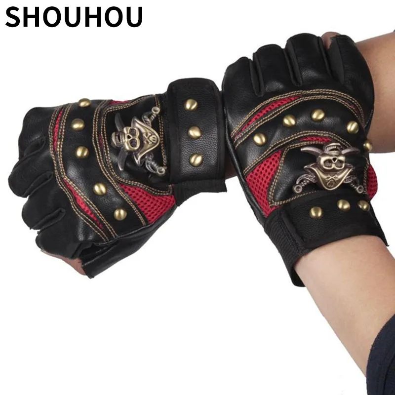 

SHOUHOU 2018 men semi-finger pu leather gloves summer male half palm metal skull outside sport gloves male bicycle gloves