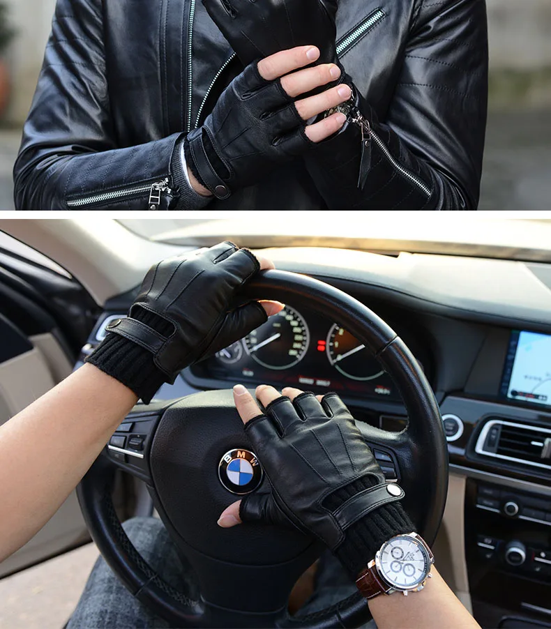 Модные мужские перчатки на полпальца из овчины, осенне-зимние вязаные перчатки без пальцев, теплые перчатки из натуральной кожи для вождения M56