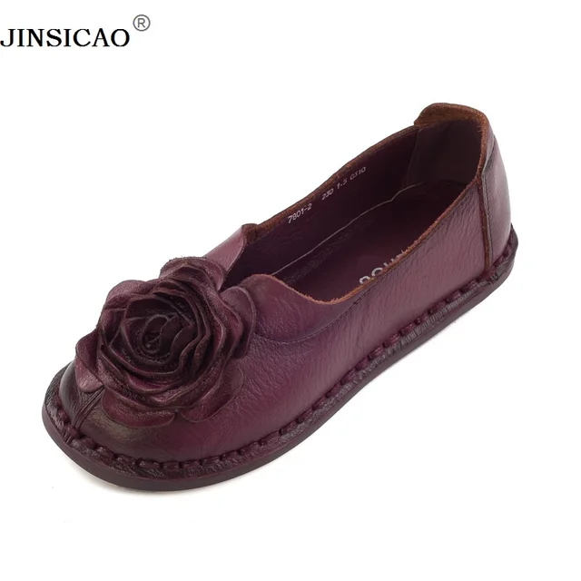 2018 New Retro Pure Handmade Shoes Genuine Leather Women Shoes Elegant Flowers Flats Comfortable Round Toe Leisure Flat Shoes 
