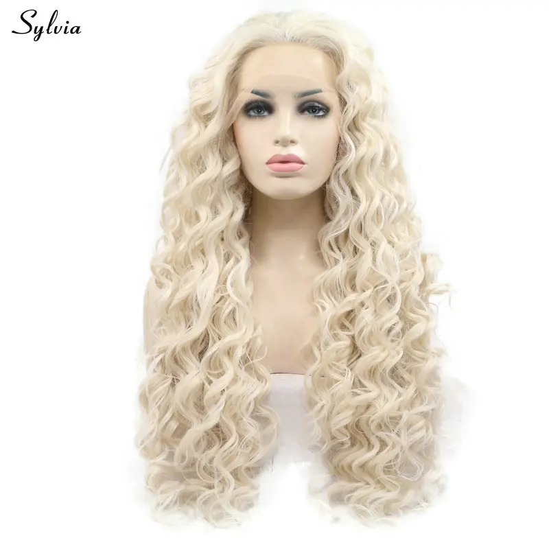 Sylvia белый блонд/Блонд/черный серый парик фронта шнурка надувные кудрявые Длинные Синтетические волосы для женщин Косплей переливающийся парик королевы