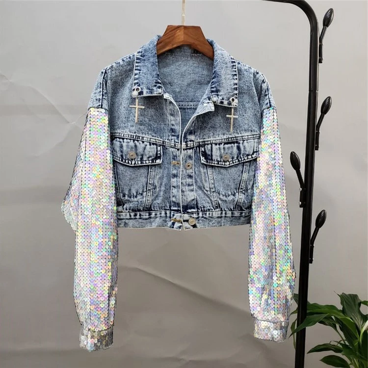 

2018 Punk Style Fashion Sequins Beading Women Denim Jacket Coat Cropped Top Women Denim Coat Cartoon Jacket Top For Women