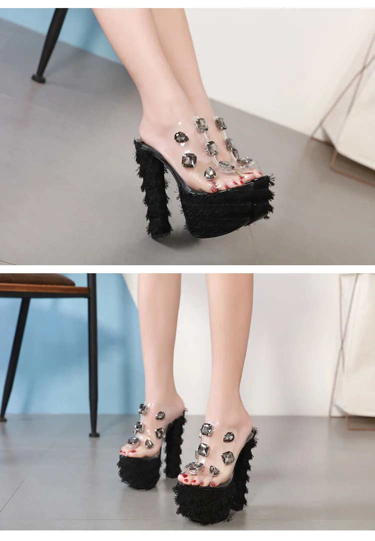 PVC High Heel Sandals Women Faux Fur Sexy Gladiator Sandals Women Thick Heel Transparent Rhinestone Glass Stone Platform Sandal