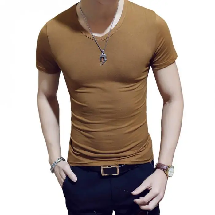 Мужская футболка в Корейском стиле с коротким рукавом и v-образным вырезом, однотонные Модные Простые повседневные топы для фитнеса, тренажерного зала, 8 цветов, летняя футболка для мужчин