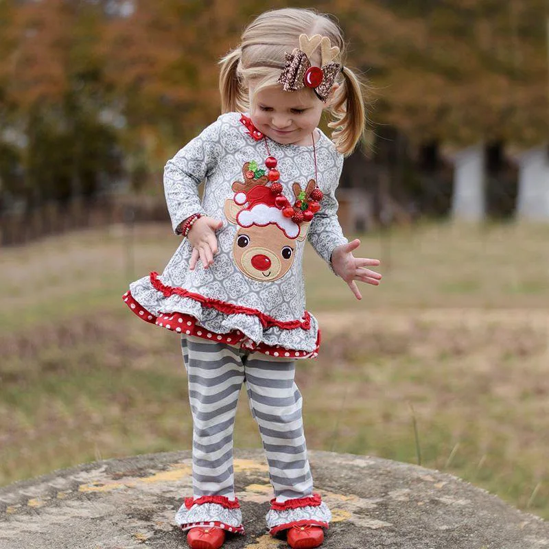 

Lovely Xmas Girls Clothing Set New Deer Toddler Baby Striped Legging and Ruffles Cotton Dress 2pcs Outfit Christmas Pajama