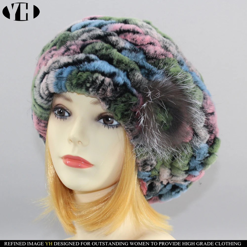 New arrive Women fur Berets real rex rabbit fur hat warm elastic flower lady fashion fullness fur cap headgear