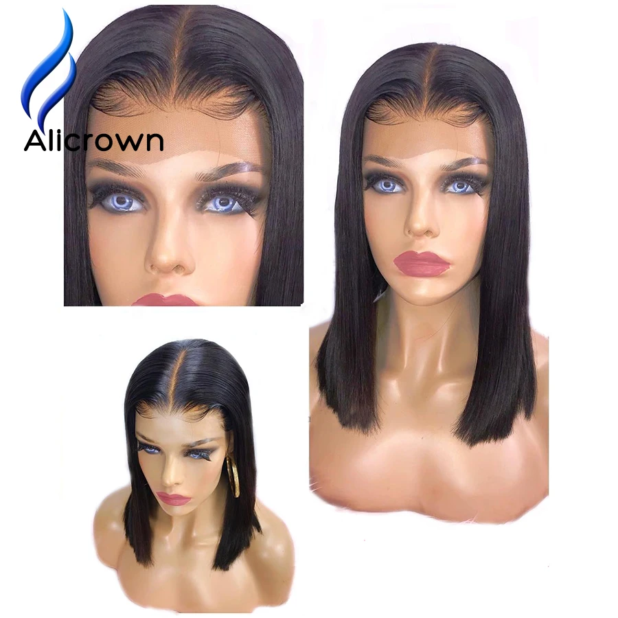 Alicrown короткие парики из человеческих волос с кружевом спереди 13*4 прямые бразильские парики Реми предварительно сорванные отбеленные узлы средняя часть