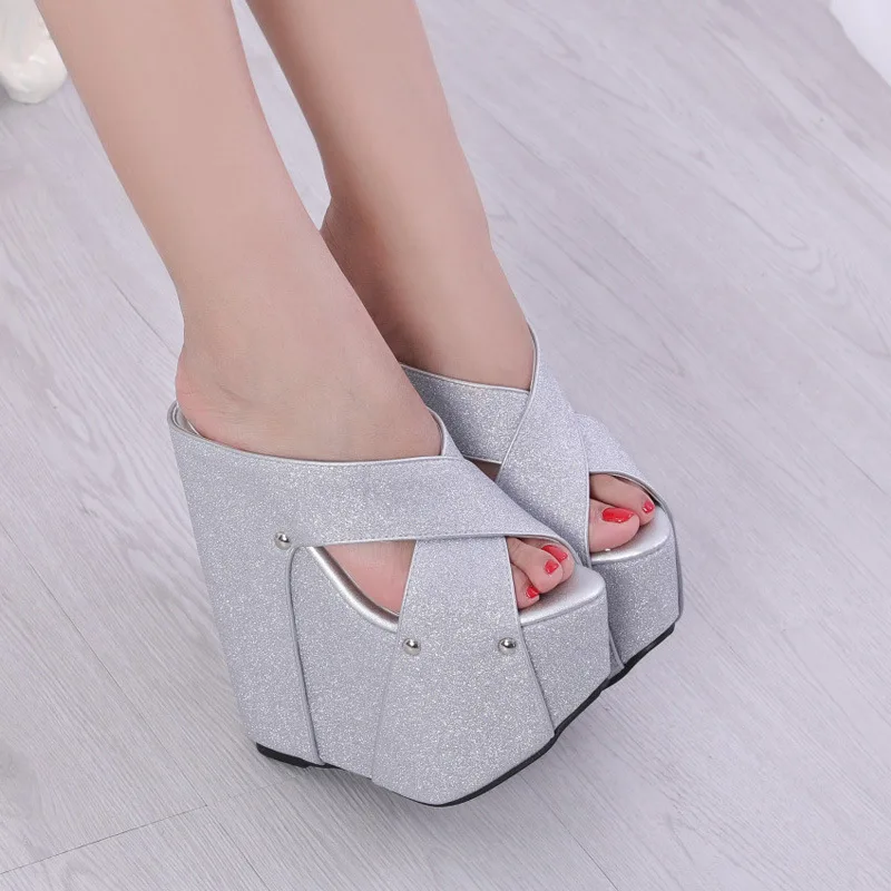 

POADISFOO Nightclub Shoes Sexy Sequins Cross Sandal High-heeled Sandals 18CM High-heeled Slippers Wedges .ZYW-998-47