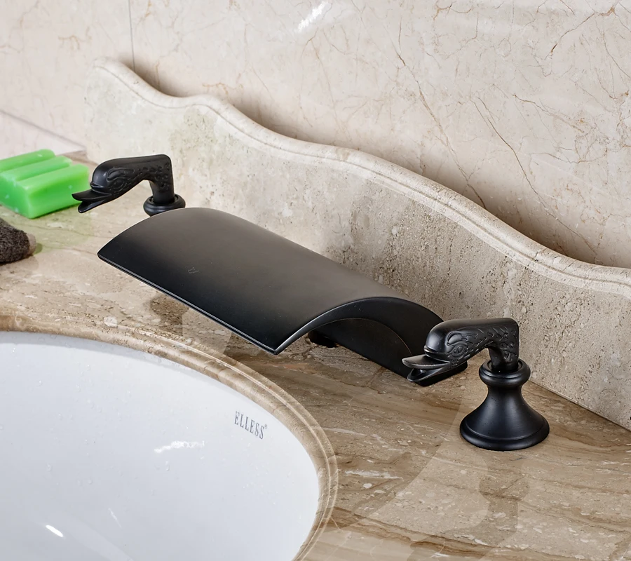 

Oil Rubbed Bronze Hot and Cold Water Bathroom Sink Faucet Dual Handles Three Holes Mixer Tap