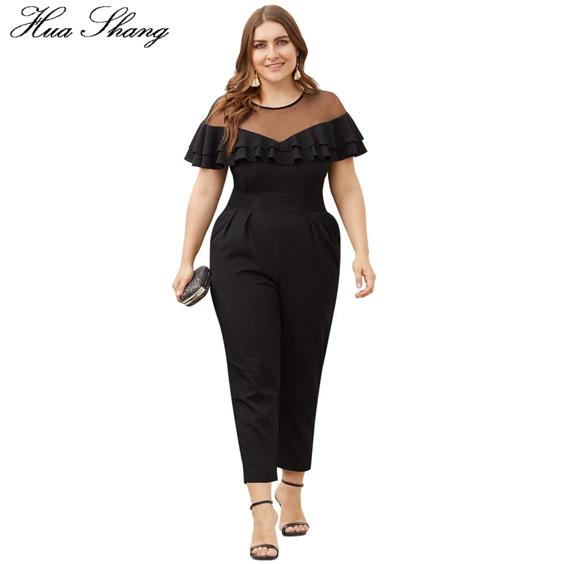 

Mesh Patchwork Ruffles Short Sleeve Plus Size Jumpsuits 2019 Summer Women O Neck Slim Sexy Long Rompers Pockets Sexy Bodysuit