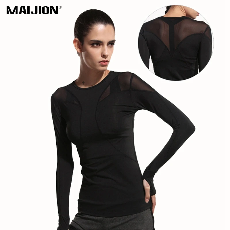 

MAIJION Women Breathable Mesh Yoga Tops Long Sleeve Elastic Sports T Shirt Quick Dry Black Patchwork Gym Fitness Running Shirts