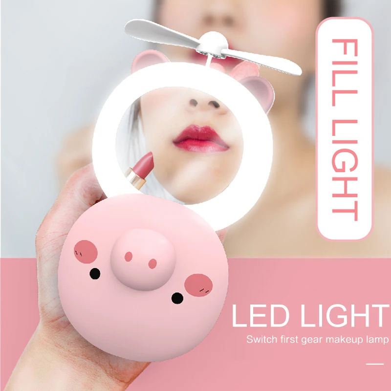 Portable Cartoon LED Light Makeup Mirror Multi-founction Portable Pocket Mini Animal Cute Makeup Mirror Fan Make Up Tools