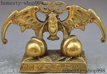 

8" chinese fengshui brass wealth money coin animal bat Peach auspicious statue
