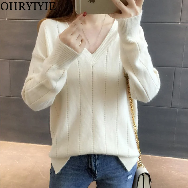 OHRYIYIE Soft V-Neck Sweaters and Pullovers for Women 2021 Autumn Winter Elastic Knitted Sweater Female Jumper Femme Basic Tops | Женская