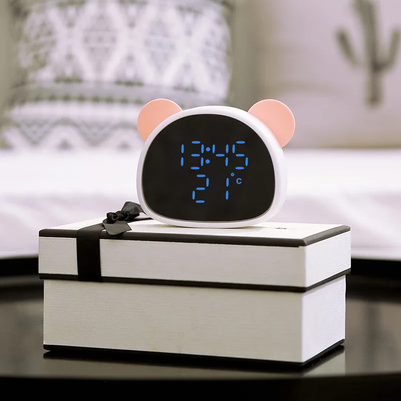 

Panda alarm clock, multi-function mirror clock, audio with voice-activated USB night light, rechargeable bedside sleepy clock
