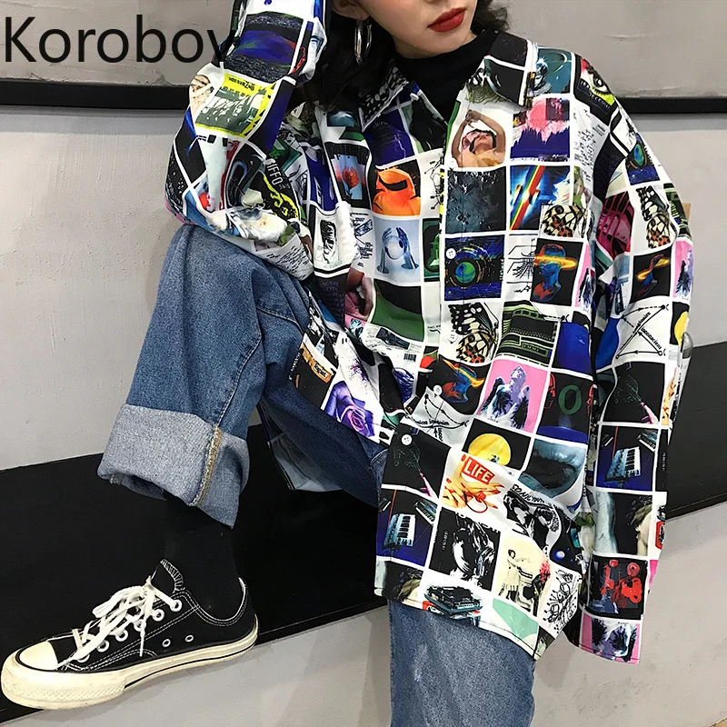 Korobov рубашки женские 2019 новые модные с принтом Harajuku длинным рукавом Свободные