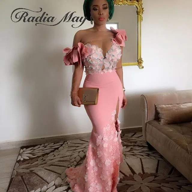 

Blush Pink 3D Flora Mermaid African Evening Dress One Shoulder Nigeria Ladies Formal Dresses 2019 Elegant Long Sleeve Prom Dress