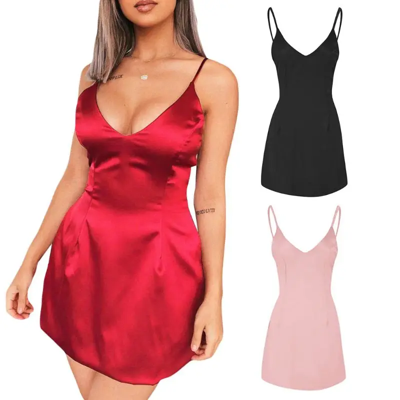 

Women 2019 Sexy Deep V Neck Strappy Tunic Satin Party Night Clubwear Mini Dress