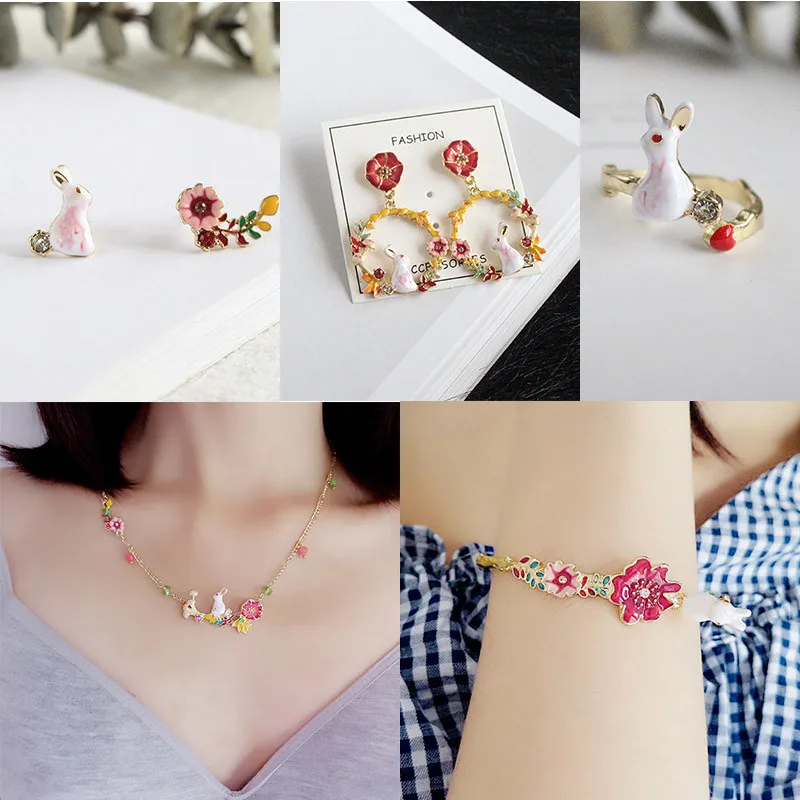 

French Fresh Enamel Glaze Copper Alice Rabbit Mushroom Flowers Necklace Bracelet Earrings For Women Jewelry New Arrive